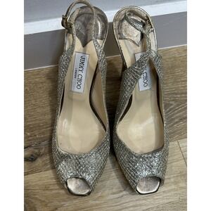 Jimmy Choo Gold Glitter Nova /247 Clue Peep Toe Slingback Sandals 40.5